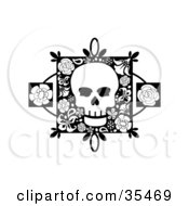 Clipart Illustration Of A White Skull On A Floral Square With Two Rose Accents