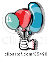 Poster, Art Print Of Clowns Hand Holding Green Blue And Red Party Balloons