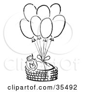 Happy Baby In A Basket Floating Through The Sky And Tied To Balloons