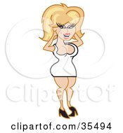 Poster, Art Print Of Sexy Busty Blond Woman In A Tight And Short Dress And Heels Fluffing Her Hair