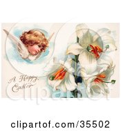 Poster, Art Print Of Victorian Cherub Angel Flying Near White Easter Lily Flowers