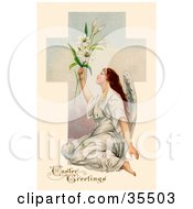 Beautiful Victorian Angel Sitting On The Ground And Holding Up Easter Lilies In Front Of A Cross