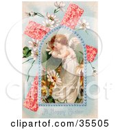 Poster, Art Print Of Adorable Young Victorian Easter Angel Smelling Spring Flowers In A Window Over A Pink Floral Cross With Poets Daffodils