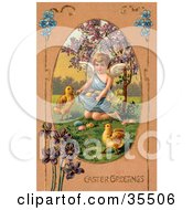 Poster, Art Print Of Little Victorian Angel Surrounded By Chicks Kneeling And Gathering Easter Eggs In Her Gown