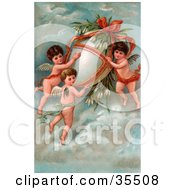 Poster, Art Print Of Three Victorian Cherubs Transporting A Giant Easter Egg With Flowers In The Sky