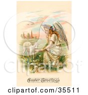 Pretty Blond Haired Female Victorian Easte Angel Kneeling And Feeding A Lamb