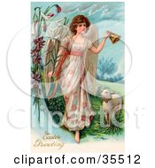Beautiful Victorian Easter Angel Ringing A Bell And Leading Sheep