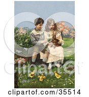 Victorian Boy And Girl Sitting On A Log And Playing With A Rabbit While Chicks Watch A Basket Of Easter Eggs At Their Side