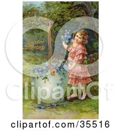 Poster, Art Print Of Pretty Little Victorian Girl Filling A Giant Broken Easter Egg With Forget Me Not Flowers