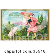 Poster, Art Print Of Little Blond Victorian Girl Bending Down To Give A White Bunny An Easter Egg
