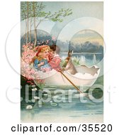Victorian Boy And Girl Floating In An Egg Shell Boat With A Rabbit On Easter