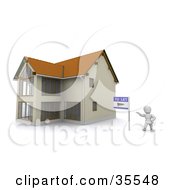 3d White Character Standing Beside A To Let Rental Sign And A New Home
