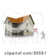 3d White Character Standing Beside A Sold Sign And A New Home