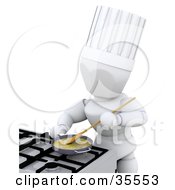 Poster, Art Print Of 3d White Character Breakfast Chef Cooking Eggs In A Frying Pan On A Gas Kitchen Stove