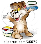 Poster, Art Print Of Smart Brown Bear Smiling And Holding Up A Stack Of Library Or School Books