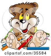 Clipart Illustration Of A Clumsy Brown Bear In A Mess Of Colored Pencils