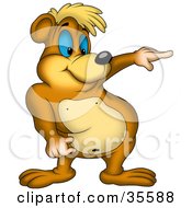 Clipart Illustration Of A Blue Eyed Bear Pointing And Giving Directions by dero
