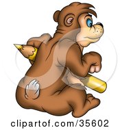 Bear Sitting And Holding A Large Yellow Colored Pencil