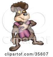 Poster, Art Print Of Cautious Brown Bear Wearing A Purple Scarf
