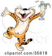 Tipsy Tiger Dancing And Holding A Glass Of Champagne At A Party