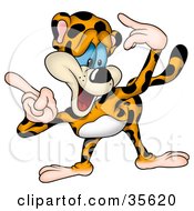 Poster, Art Print Of Goofy Leopard Bending Forward And Pointing To The Left With Both Hands