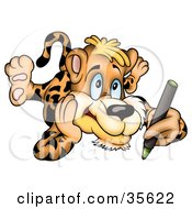 Clipart Illustration Of An Artistic Leopard Laying On His Belly And Coloring With A Green Crayon by dero