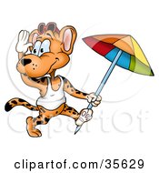 Clipart Illustration Of A Friendly Leopard In A Tank Top Running With A Beach Umbrella