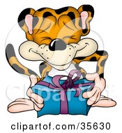 Poster, Art Print Of Friendly Leopard Giving A Blue And Purple Present