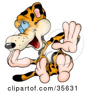 Poster, Art Print Of Giggly Leopard Holding Up A Hand And Leaning Back
