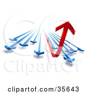 Clipart Illustration Of A Financial Diagram Of Red And Blue Arrows Rushing Forward The Red One Curving Up