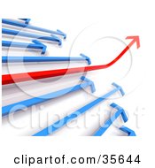 Financial Diagram Of Blue Arrows Following An Ascending Red Arrow