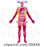Clipart Illustration Of A Red And Orange Man Meditating With Illuminated Rings And His Chakra Energy Centers Activated by Tonis Pan