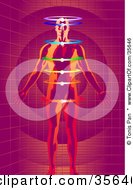 Poster, Art Print Of Red And Orange Man Meditating With Glowing Rings Chakras On A Purple Grid Background