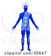 Clipart Illustration Of A Blue Man Meditating And Trancending The Material Plane His Chakras Energy Centers Activated by Tonis Pan