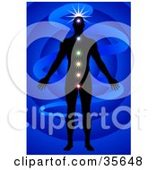 Clipart Illustration Of A Silhouetted Man Meditating With His Chakras Energy Centers Illuminated On A Blue Background