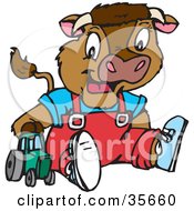 Poster, Art Print Of Cute Young Calf With Horns Wearing Clothes And Plying With A Toy Tractor