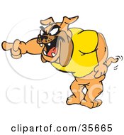 Bossy Bulldog In A Yellow Shirt Yelling And Pointing Left