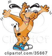Clipart Illustration Of A Hyper Brown Dog In Tennis Shoes Holding His Arms Up