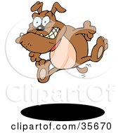 Clipart Illustration Of A High Strung Bulldog Leaping Into The Air Over A Dark Shadow
