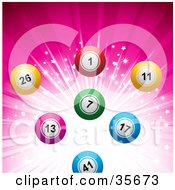 Poster, Art Print Of Colorful Bingo Or Lottery Balls Over A Sparkling And Bursting Pink Background
