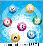 Colorful Bingo Or Lottery Balls Over A Sparkling And Swirling Blue Background