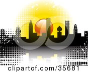 Clipart Illustration Of An Orange Sun Setting Behind A City Skyline Reflecting On A White Surface With Black And White Grunge Dot Textures