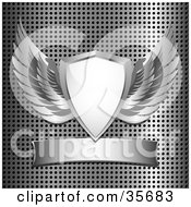 Clipart Illustration Of A Heraldic Shield With Silver Wings Over A Metal Background With A Blank Banner by elaineitalia #COLLC35683-0046