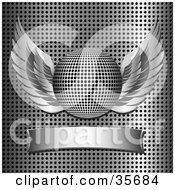 Poster, Art Print Of Winged Chrome Disco Ball Over A Blank Banner On A Grid Background