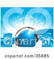 Poster, Art Print Of Blue Disco Ball With Headphones And Speakers Over A Background Of Waves Sparkles And Bursts