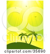 Clipart Illustration Of Two Silhouetted Palm Trees On A Hill Under Birds In The Sunshine In A Green And Blue Sky by elaineitalia