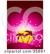 Poster, Art Print Of Two Pink Silhouetted Palm Trees On A Hill In Front Of A Sparkling Yellow Sun On A Swirling Pink Background