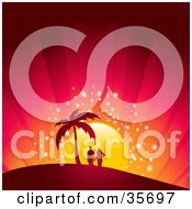 Clipart Illustration Of A Romantic Couple Holding Hands Under A Silhouetted Palm Tree On A Hill Watching A Magical Tropical Sunset In Red And Orange Hues