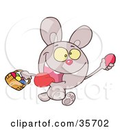 Poster, Art Print Of Purple Bunny Running And Holding Up An Egg And Carrying A Basket During An Easter Egg Hunt