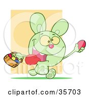 Poster, Art Print Of Hyper Green Bunny Rabbit With Its Tongue Hanging Out Running And Holding Up An Egg And Carrying A Basket During An Easter Egg Hunt